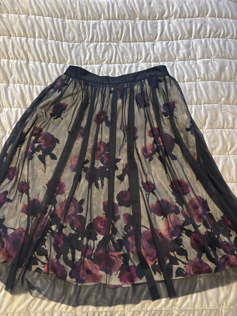 White House Black Market Black Sheer Skirt with Purple Floral Print